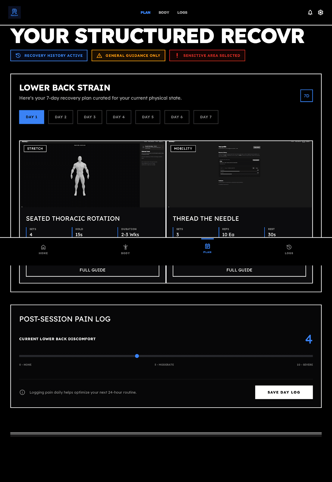 Sample structured recovery plan with day-by-day exercises
